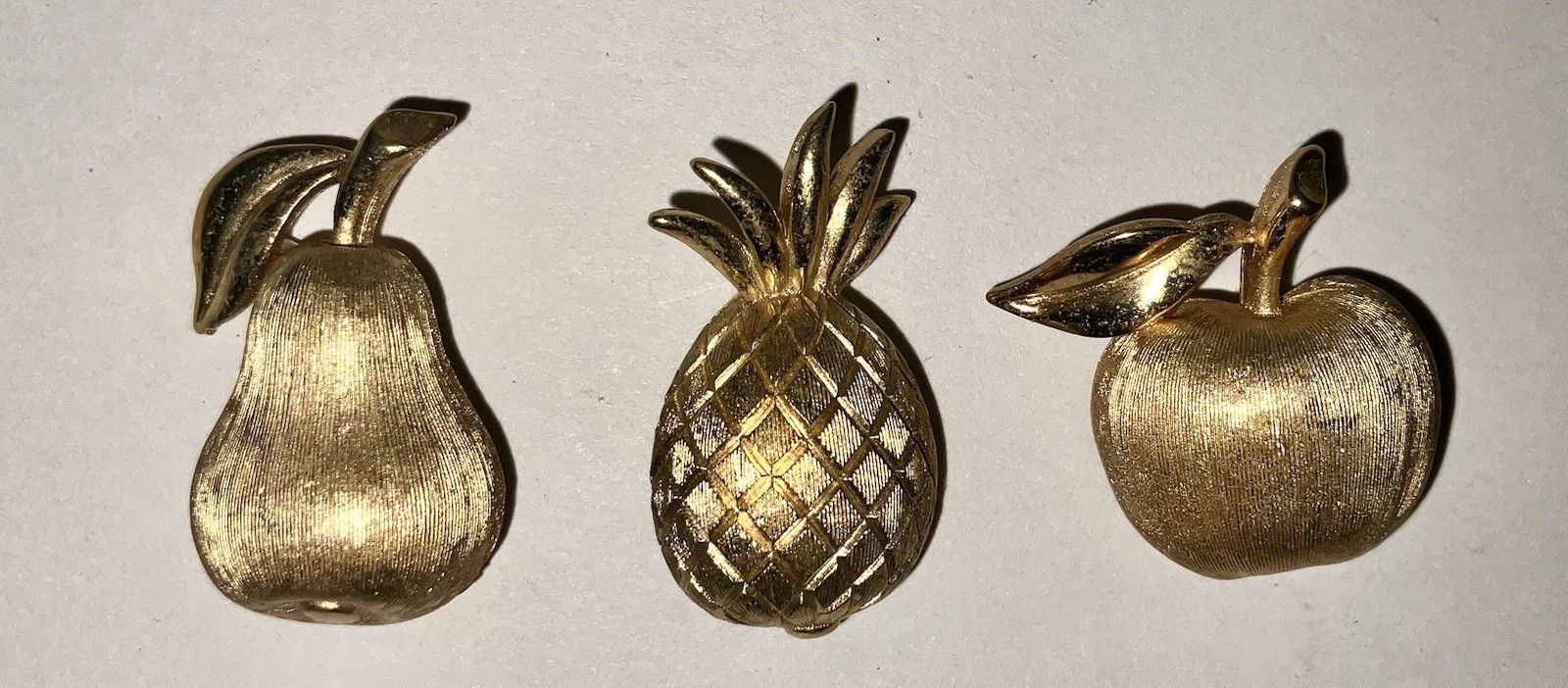 Vintage Signed Crown Trifari FRUIT Scatter Pins Pineapple, Apple And Pear 1”tall