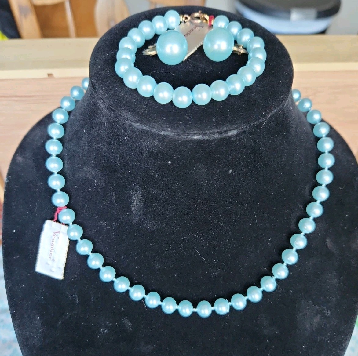 Vintage Vendome Pale Blue Beaded Necklace Bracelet and Clip Earrings – NOS LOT