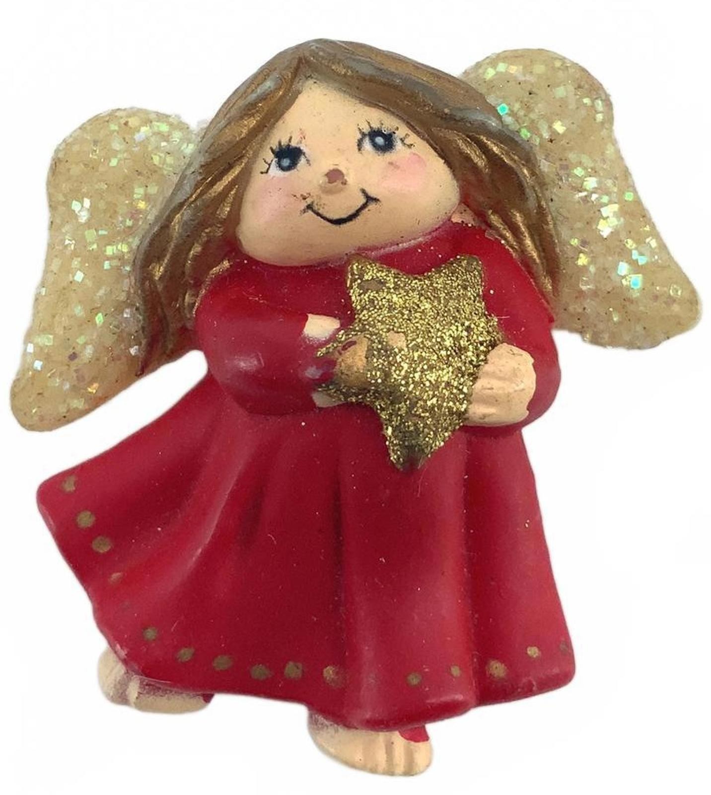 Vintage Fun World Resin Christmas Angel Pin Red Gold Glitter Holiday Brooch
