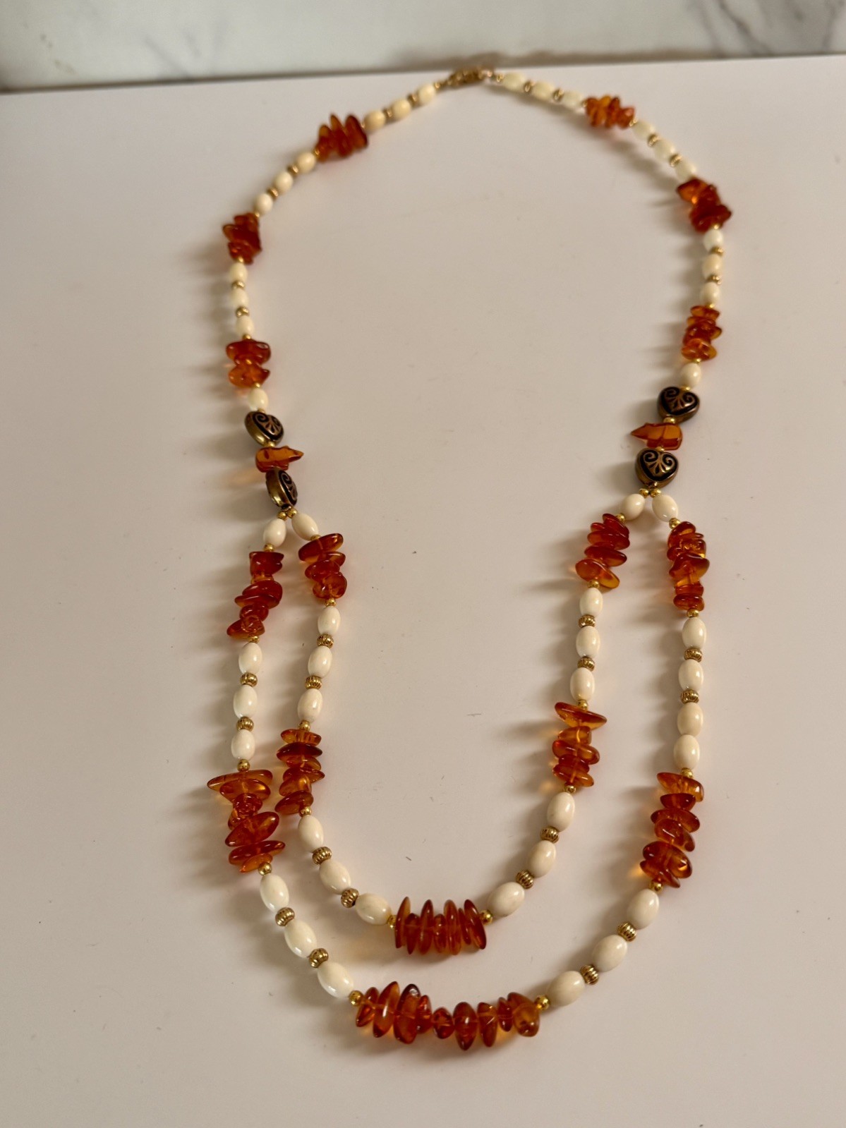 Vintage Lee Sands Double Strand Amber Bead Necklace Heart Spacer Boho Coastal