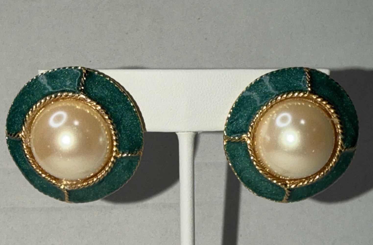 Vintage Gay Boyer Green Enamel Faux Pearl Gold Accent Clip-On Earrings