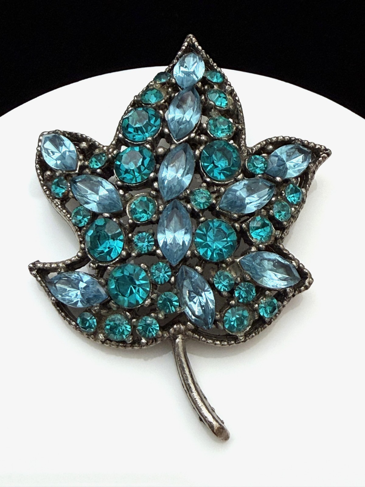 Vintage Blue & Teal Rhinestone Leaf Figural Brooch Pin