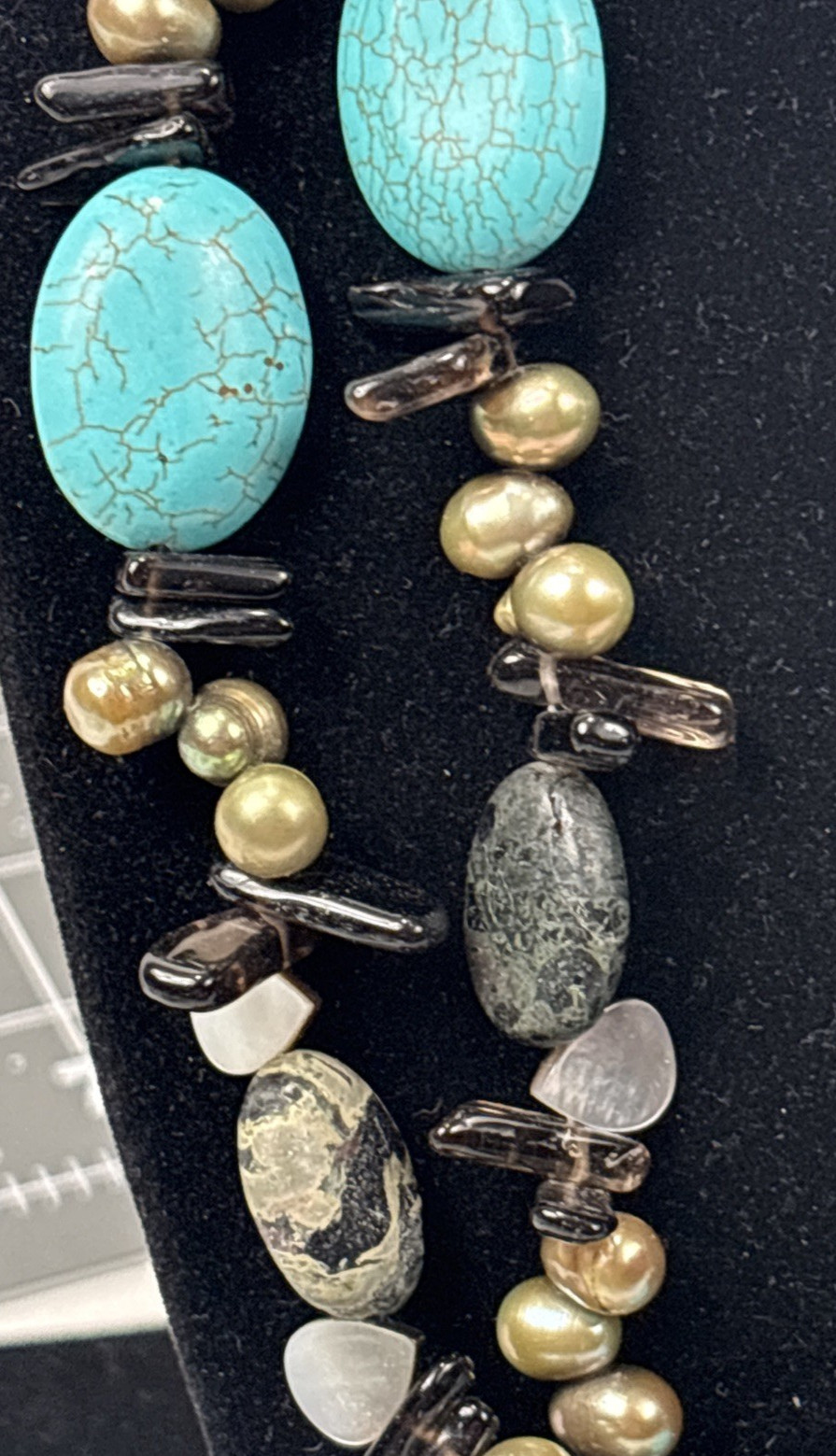 Vintage Gray Fresh Water Baroque Pearls &Turqoise With Gemstones Necklace 20″