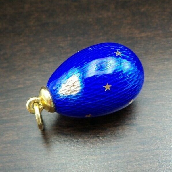 Soviet Era Russian 960 Silver & 18K Gold Blue Guilloche Enamel Egg Pendant
