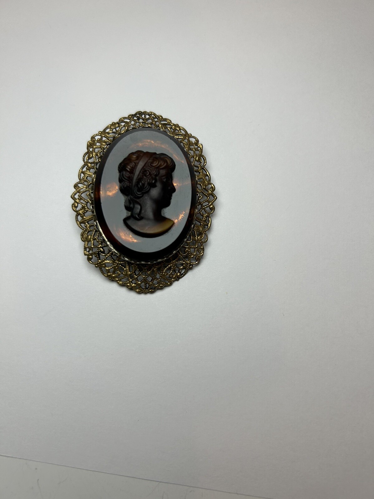 Vintage – Beautiful Brown Cameo With Gold Tone Filigree.
