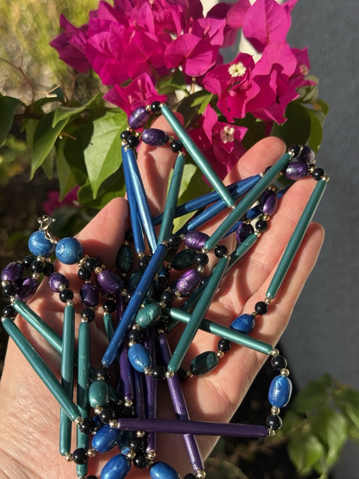Vintage 3 Strand Purple & Teal Blue Marbelized Peacock Color Necklace 34″L
