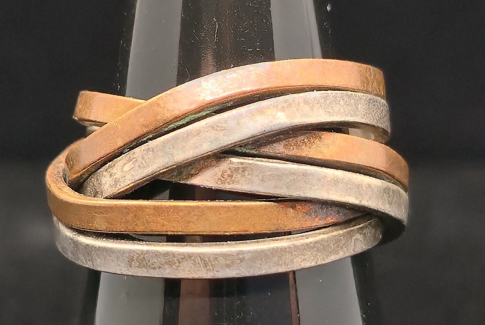 Vtg Signed Mexico Checkmark Artisan Sterling Silver Copper Mixed Metal Ring