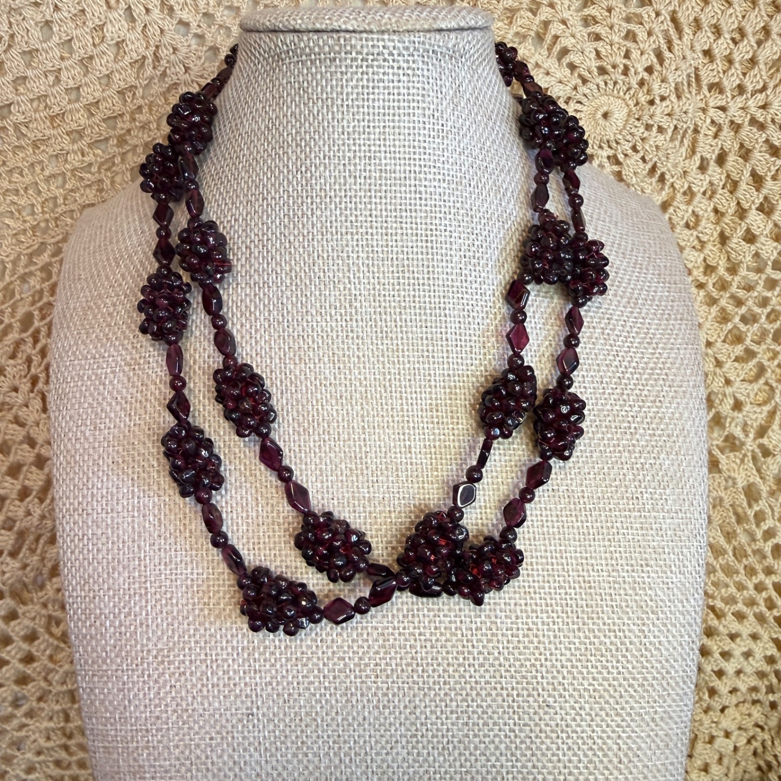 Vintage Garnet Grape Cluster Beaded Necklace 18″ Hang Continuous No Clasp