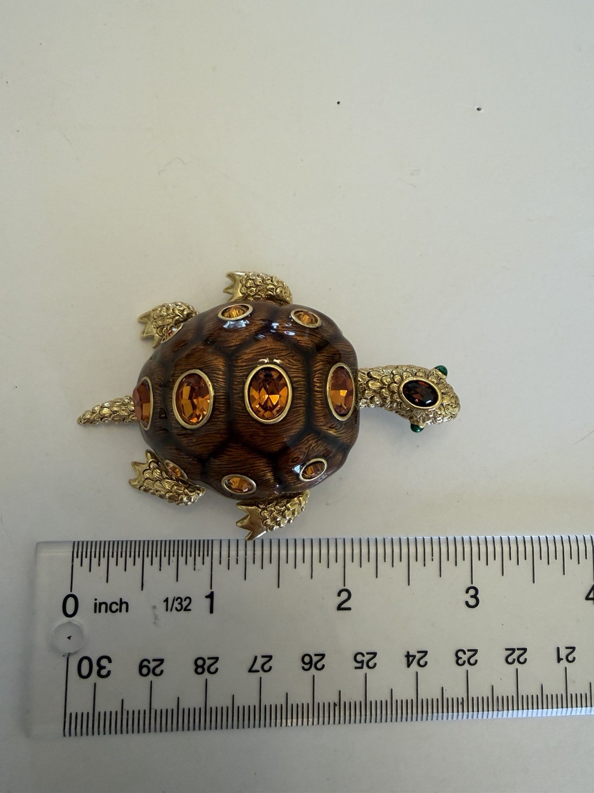 Vintage Joan Rivers Collection Topaz Crystal Enamel Turtle Brooch 3D NOS