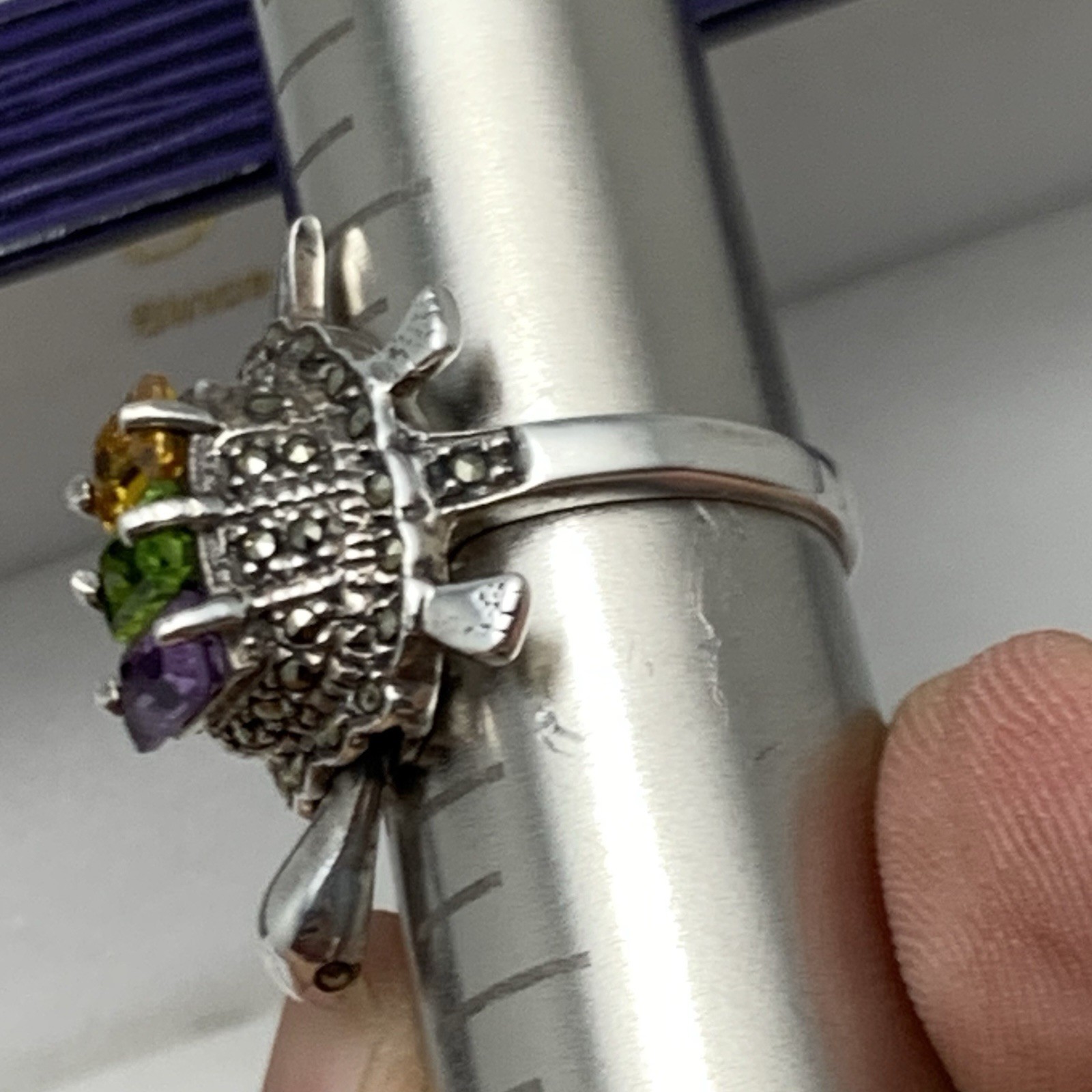 Vtg Turtle Ring w Moving Head 925 Sterling Silver Multi Colored Gem / Marcasite
