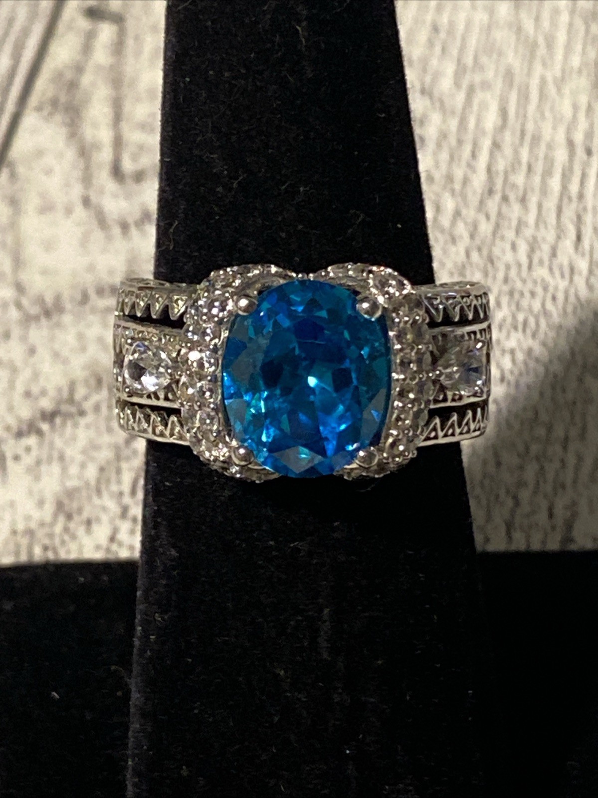 Sz 8 Cushion Cut 925 Ring Blue Topaz Color Stone Sterling Silver Filigree Signed