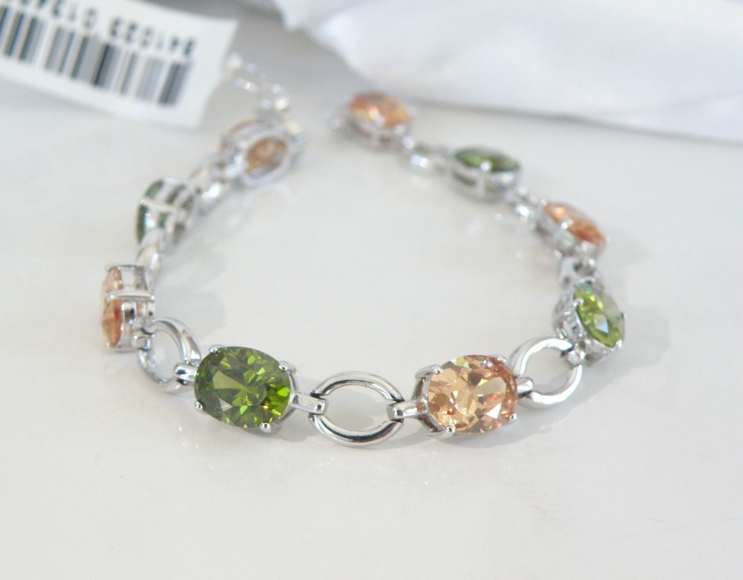 Vintage Sterling Silver 925 Gemstone Tennis Station Link Bracelet 7.5″