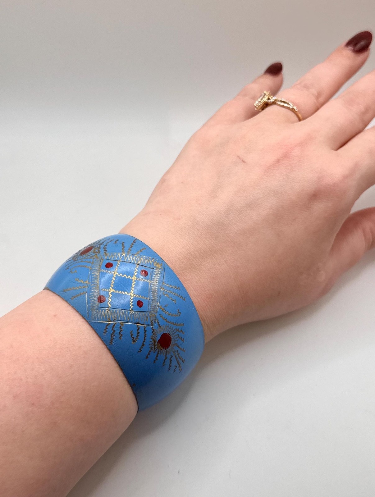 Vintage blue gold red enamel wide cuff bracelet