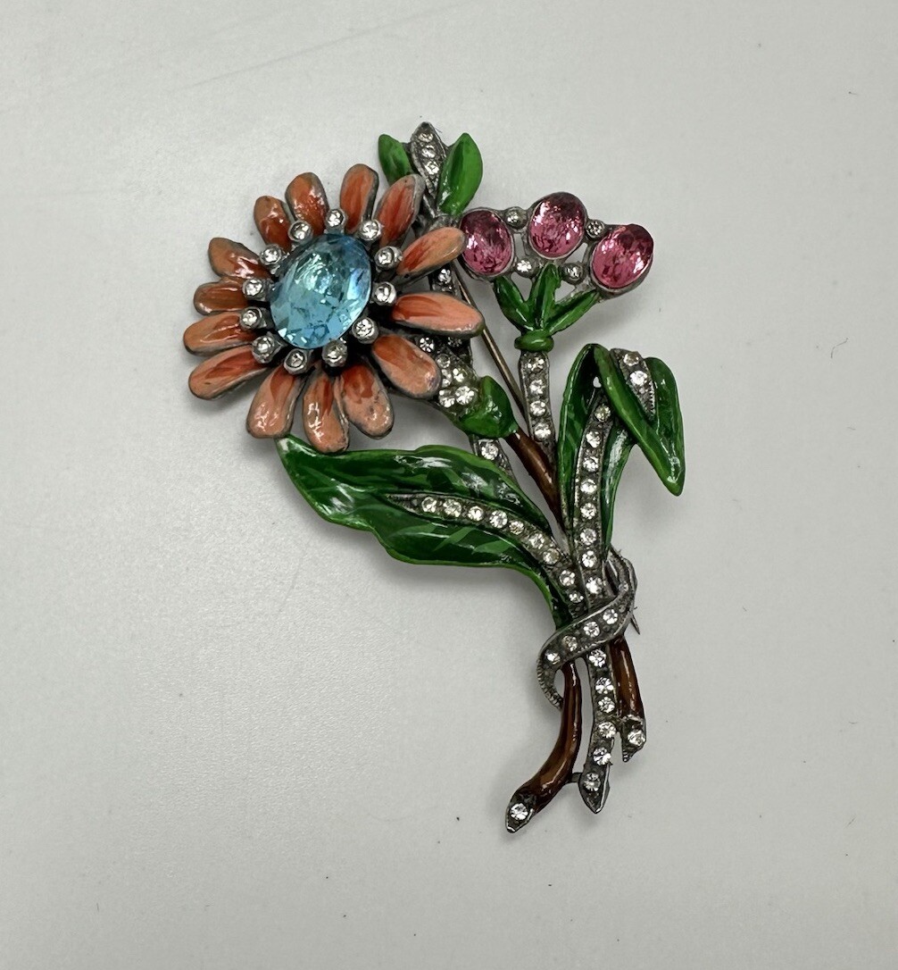 Vintage Art Deco Enamel Flower Brooch Trifari / Coro Style Pot Metal Spray Pin