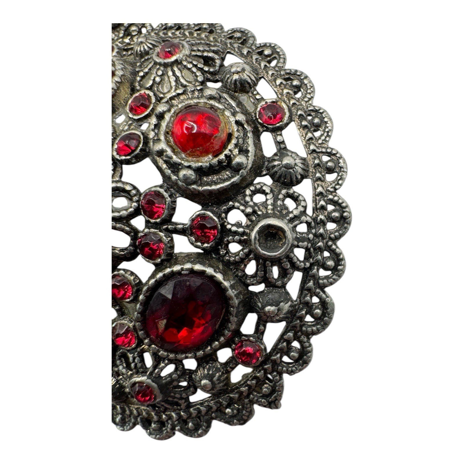 Vintage NE Glass Works Filigree Pendant Necklace – Red Glass Stones, Goblet Mark