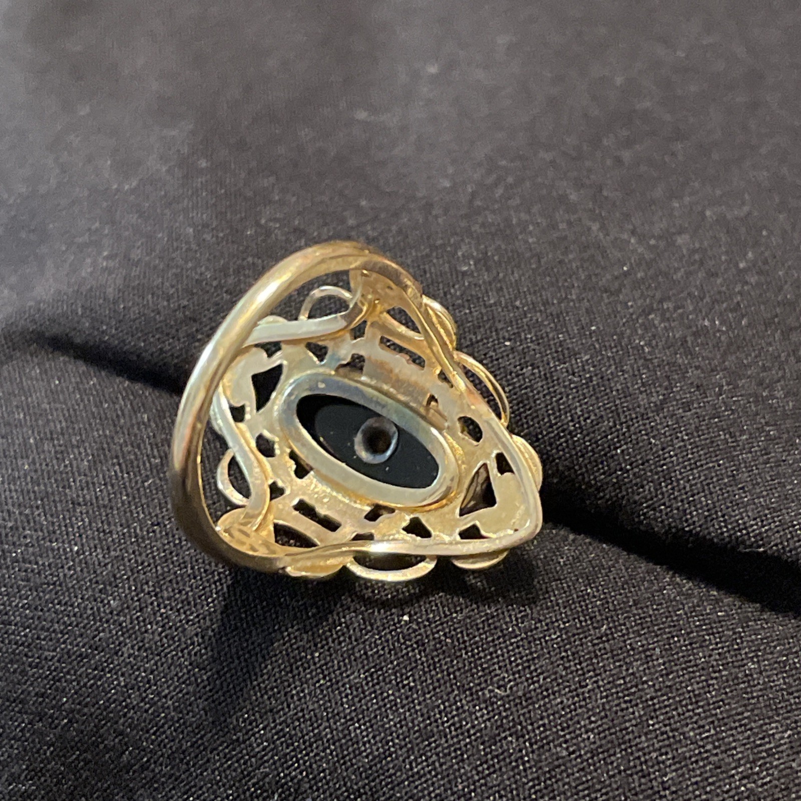 Vintage PSCO 10K Gold Black Onyx Diamond Filigree Lace Cocktail Ring Size 7
