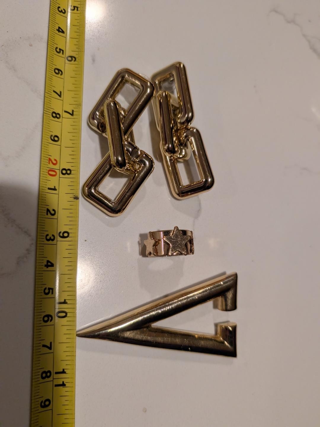 Beautiful Set of Geometric Brooch, Chain Link Drop Earrings and Ring with Stars