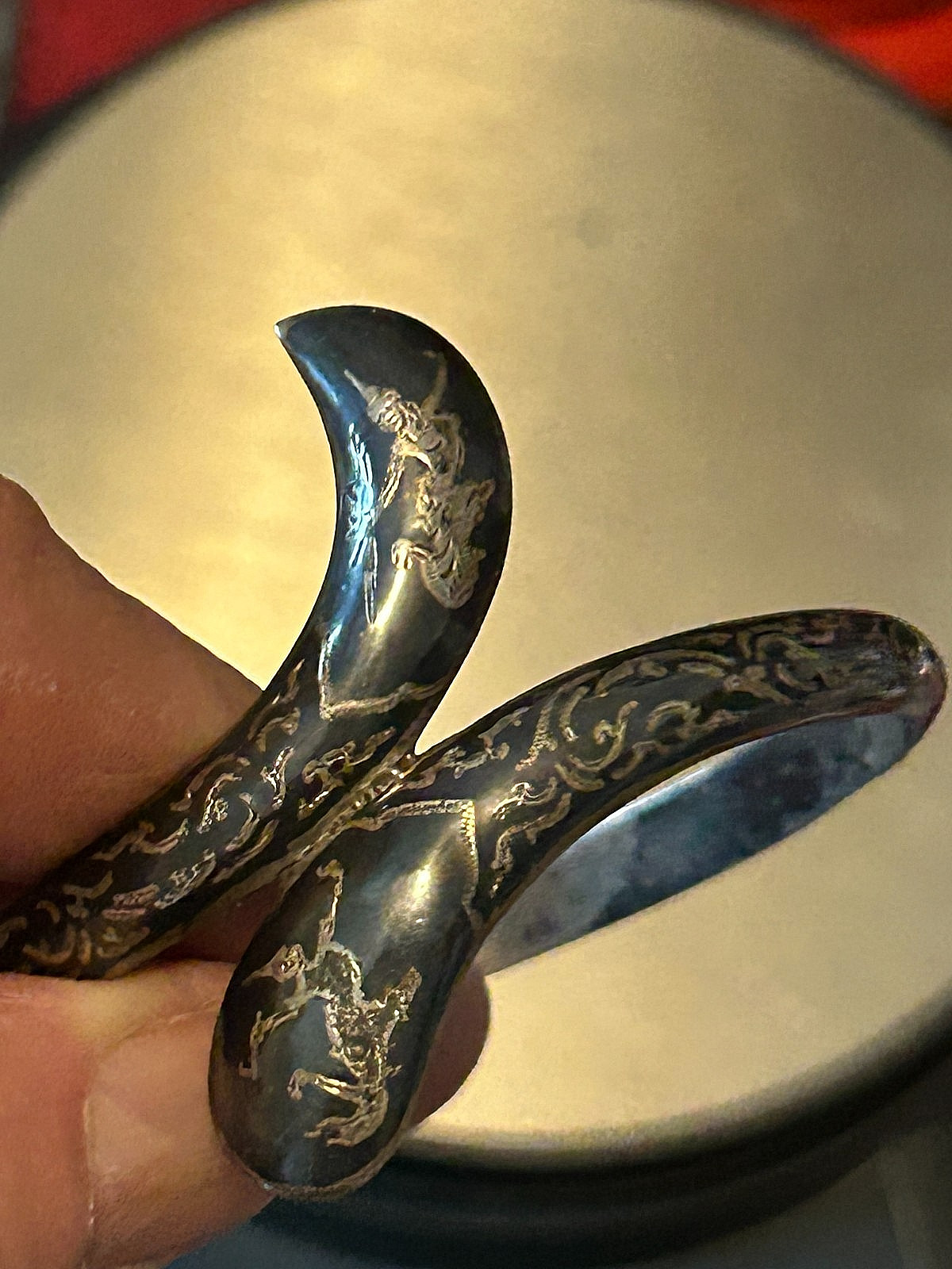 Vintage Siam Niello Godess Hindged Bangle Bracelet Sterling Excellent!