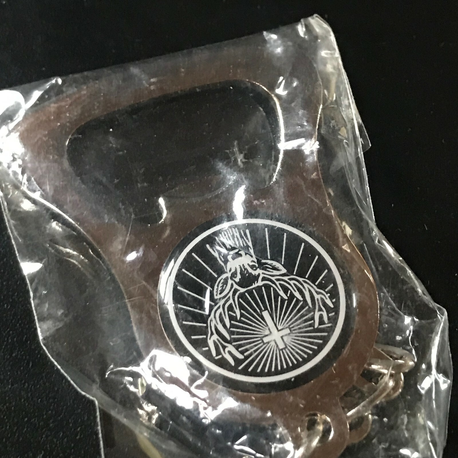 Estate Silvertone Bottle Opener w Black & White Stag Deer Head & Cross Medallion