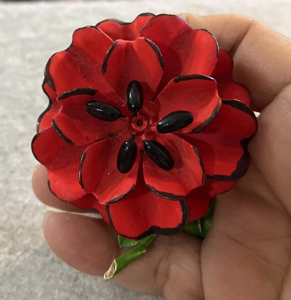 Vintage 1960s Red Enamel Poppy Flower Brooch Pin Mod Retro Boho Unsigned