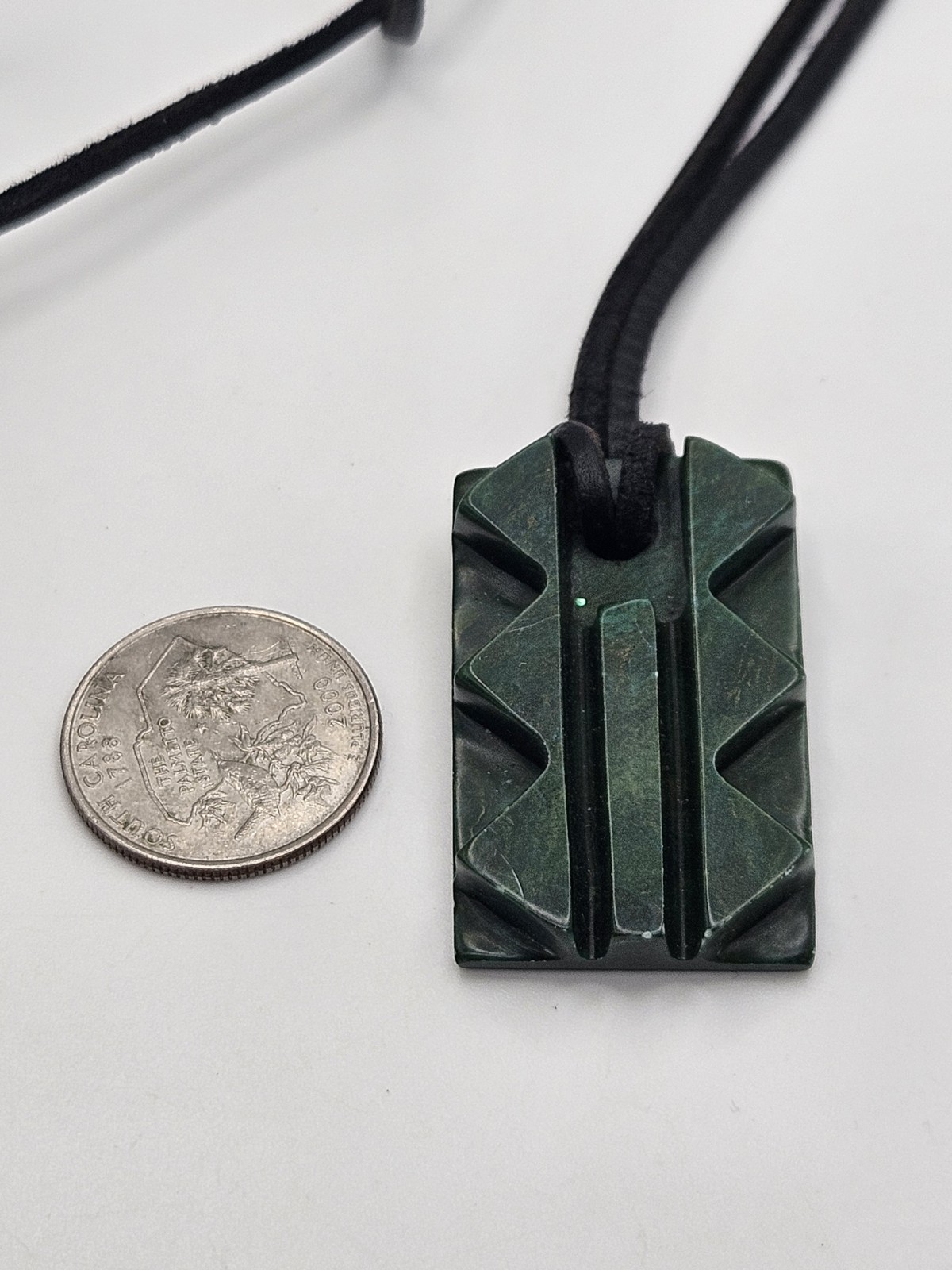 Vintage Carved Green Stone Pendant Leather Cord Necklace