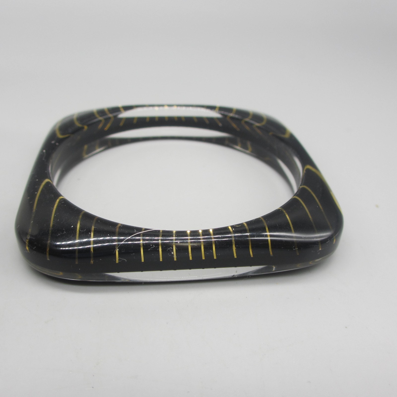 Vintage Lucite Bracelet Bangle Black Clear Golden Stripes Rounded Square