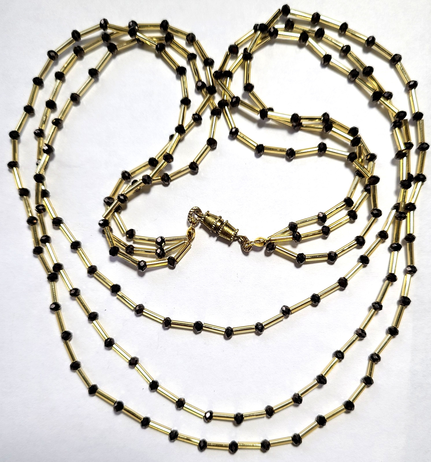 VINTAGE STUNNING 3 STRAND HONEY AMBER & BLACK COLOR CZECH GLASS NECKLACE