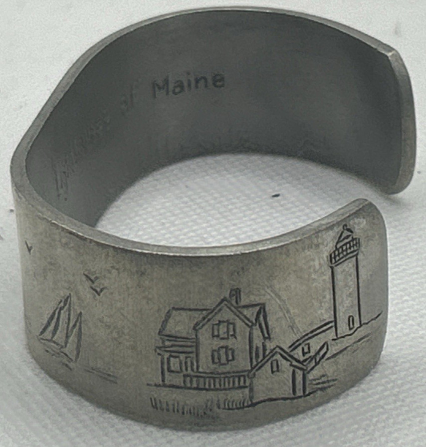 Salisbury Pewter Light houses of Maine Signed Embossed Cuff Bracelet 7″ Coastal