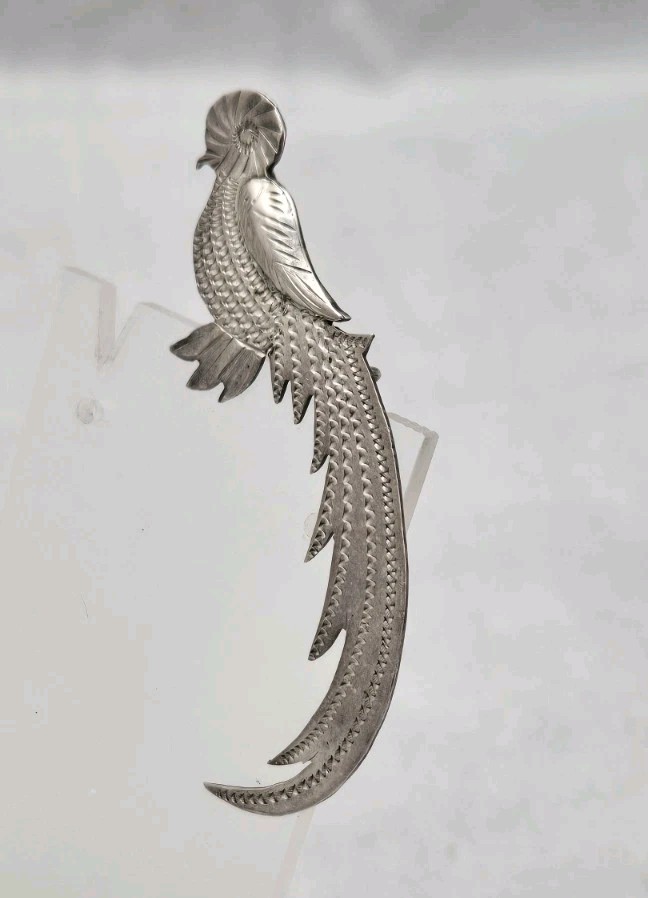 Quetzal Bird Figural 900 Silver Detailed Signed Guatemala Vintage Pin Brooch