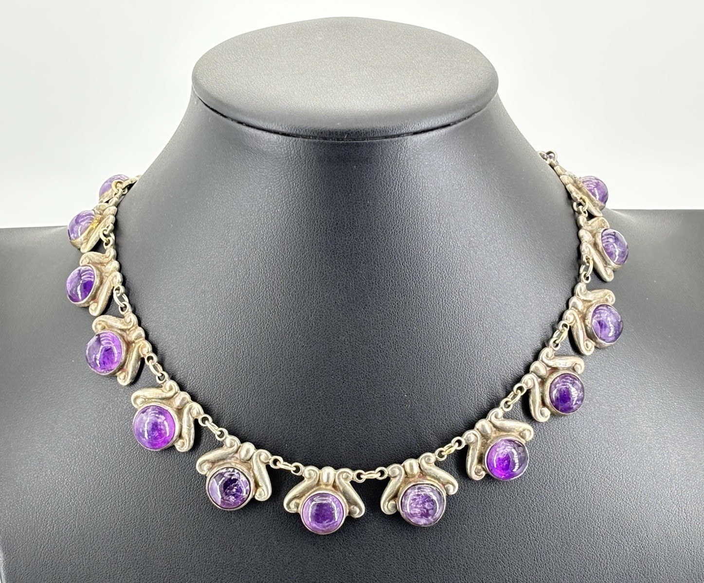 Vintage LOS CASTILLO 925 Sterling Silver Amethyst Floral Panel Link Necklace 15″