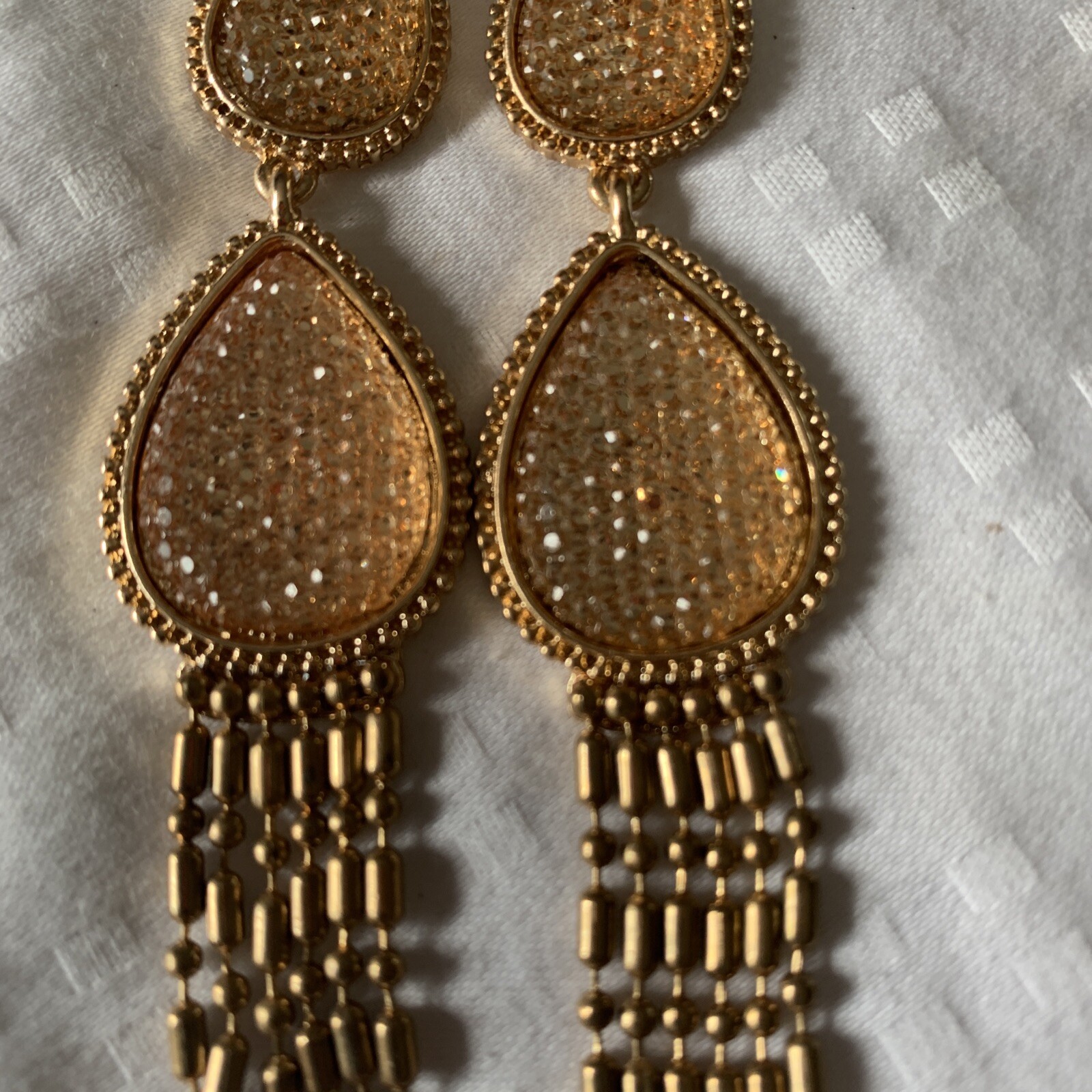 Gold Tone LONG CHANDELIER 4” peach faux topaz TEARDROP PIERCED Earrings