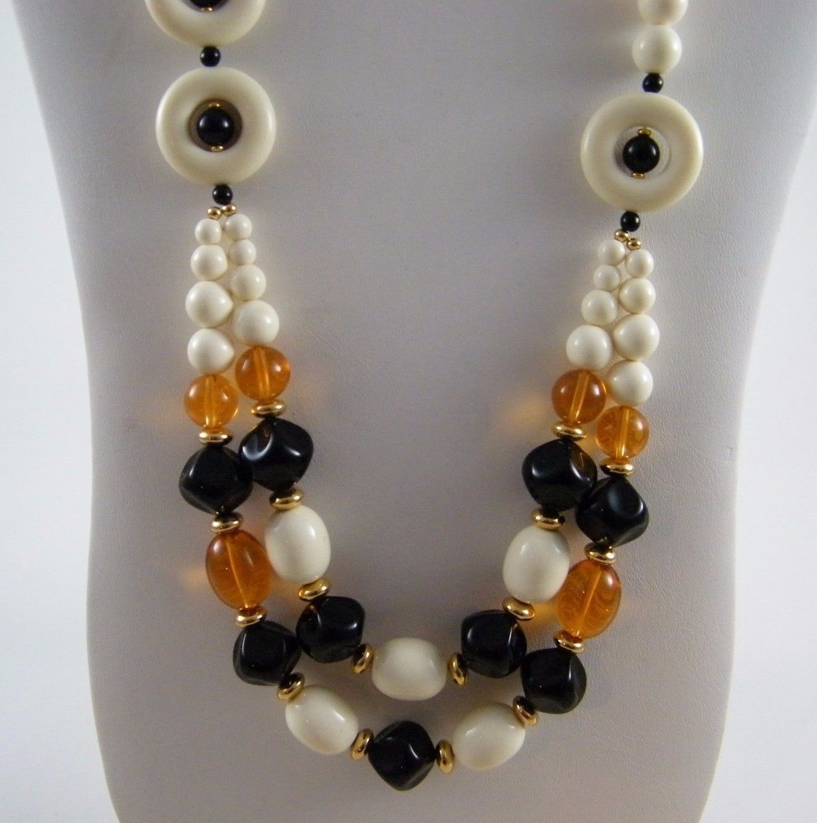 VINTAGE NEW TRIFARI~ CREAM / ORANGE / BLACK / GOLD TONE 24″ BEAD DOUBLE NECKLACE