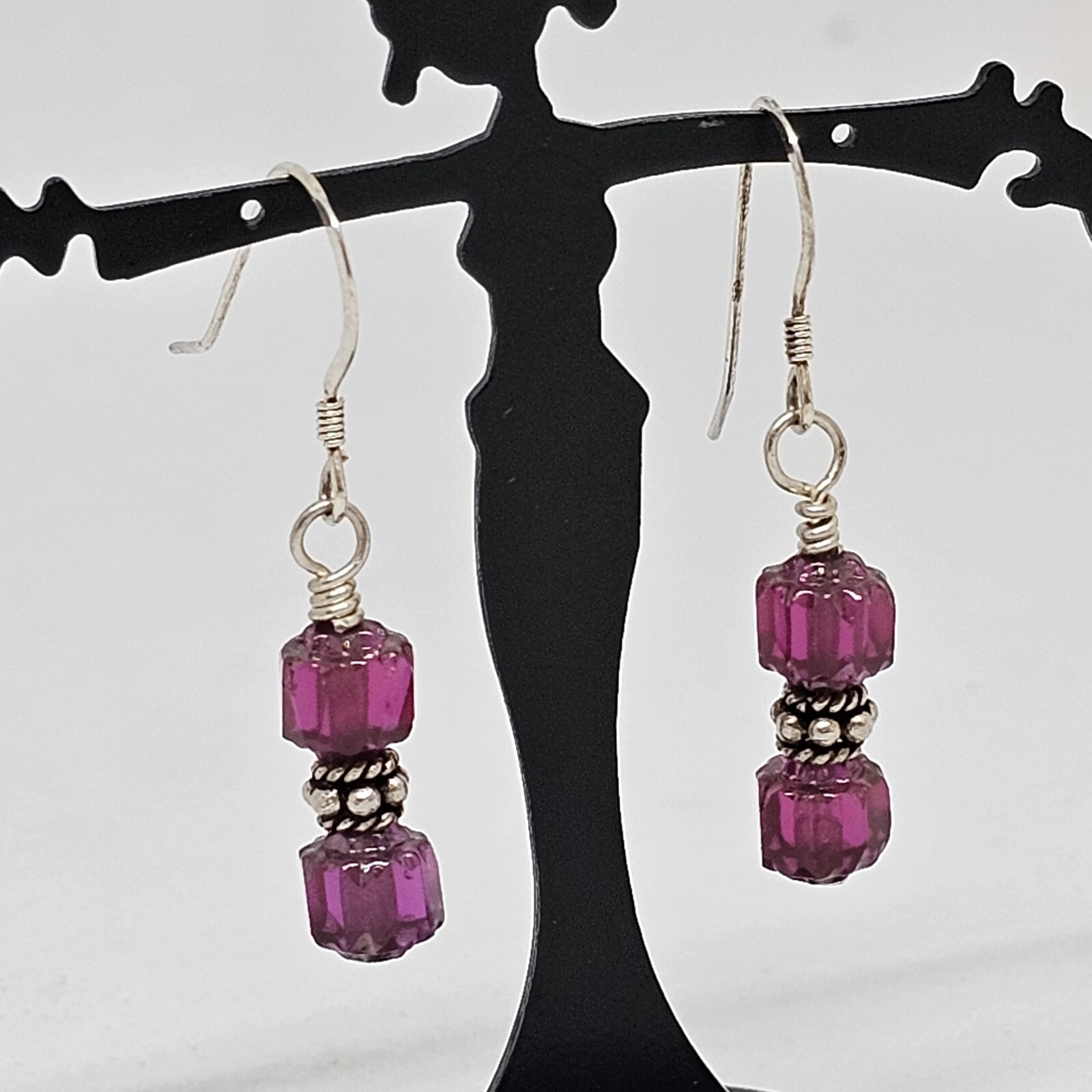 925 Sterling Silver – Fuchsia Red Glass Crystal Bead Drop Dangle Earrings
