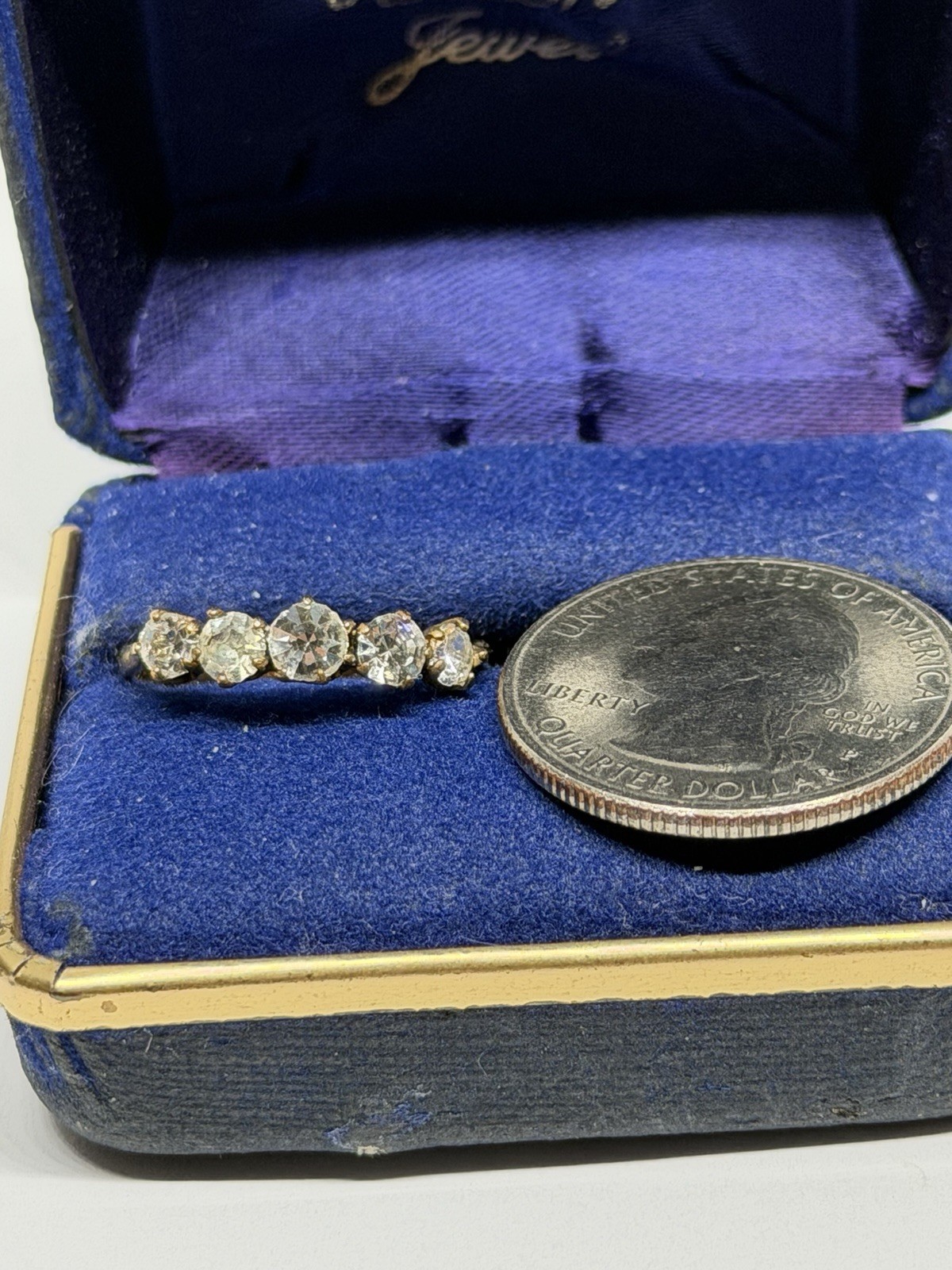 Vintage Retro Era 5 Paste Stones Goldtone Gilt Metal Sz 7 1/4