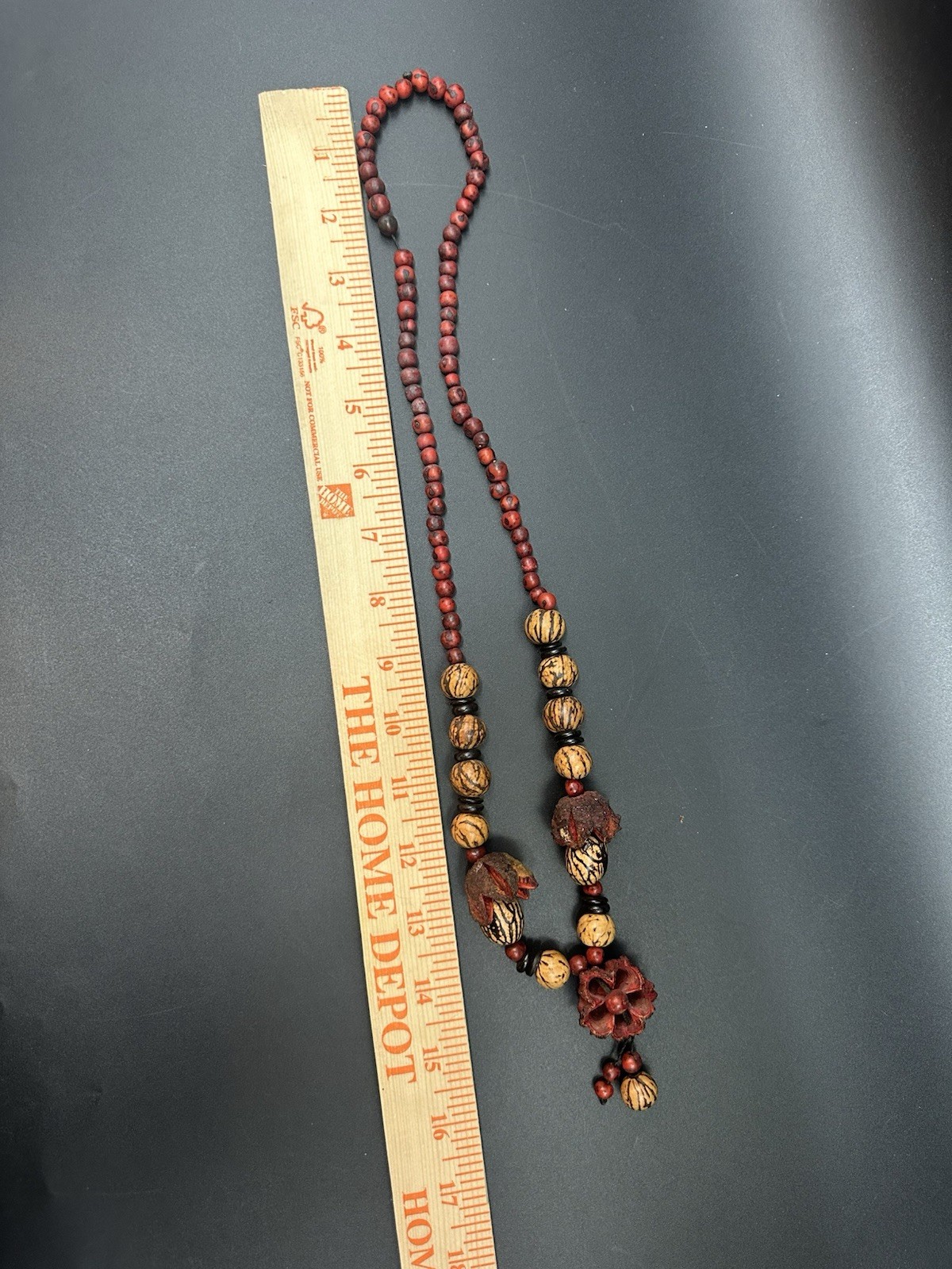 Boho Natural Seed Pod Necklace 16” Wood Beaded Red Brown Earthy Statement