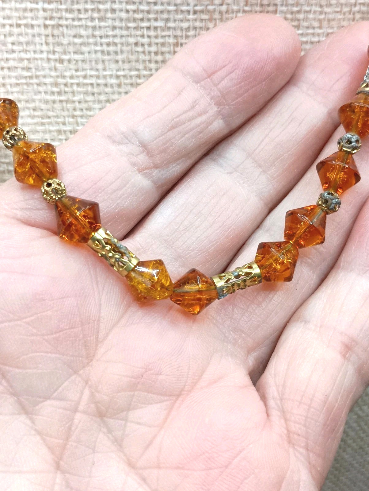 Vintage Orange Bicone Beaded Necklace Gold Tone Accents 22″
