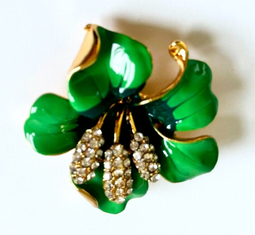 Bright & Dark Green Enamel Rhinestones Hibiscus Flower Brooch Contemporary