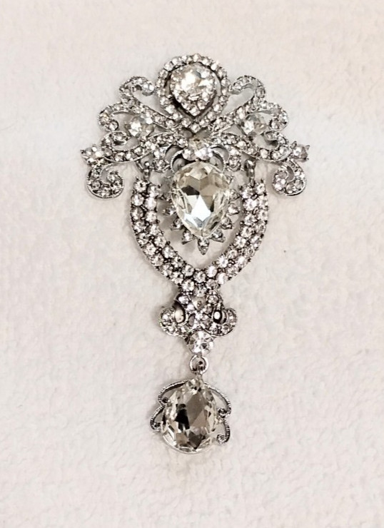 Vintage Style Large 3″ Rhinestone Brooch Teardrop MAGNET FREE SHIPPING
