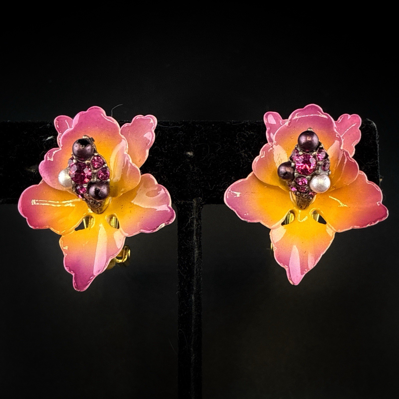 Vintage Joan Rivers Earrings Orchid Flower Floral Enamel Clip On Pink Purple
