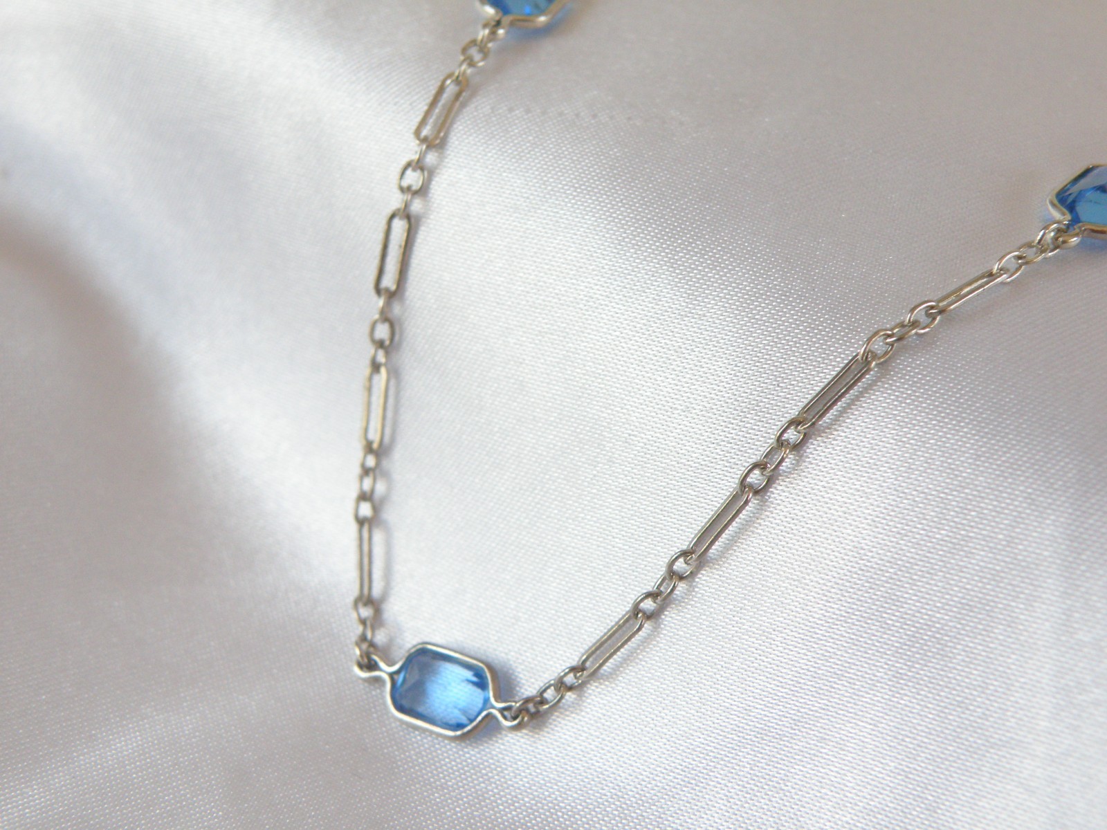 Antique Sterling Silver 925 Blue Gemstone Station Vintage Paperclip Necklace 25″