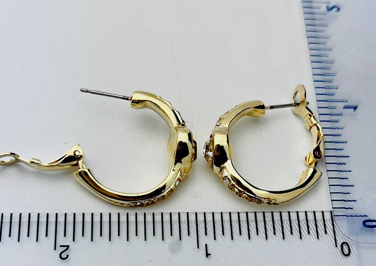 Vintage 1980-90s Gold Tone Crystal Heart Hoop French Back Pierced Earrings