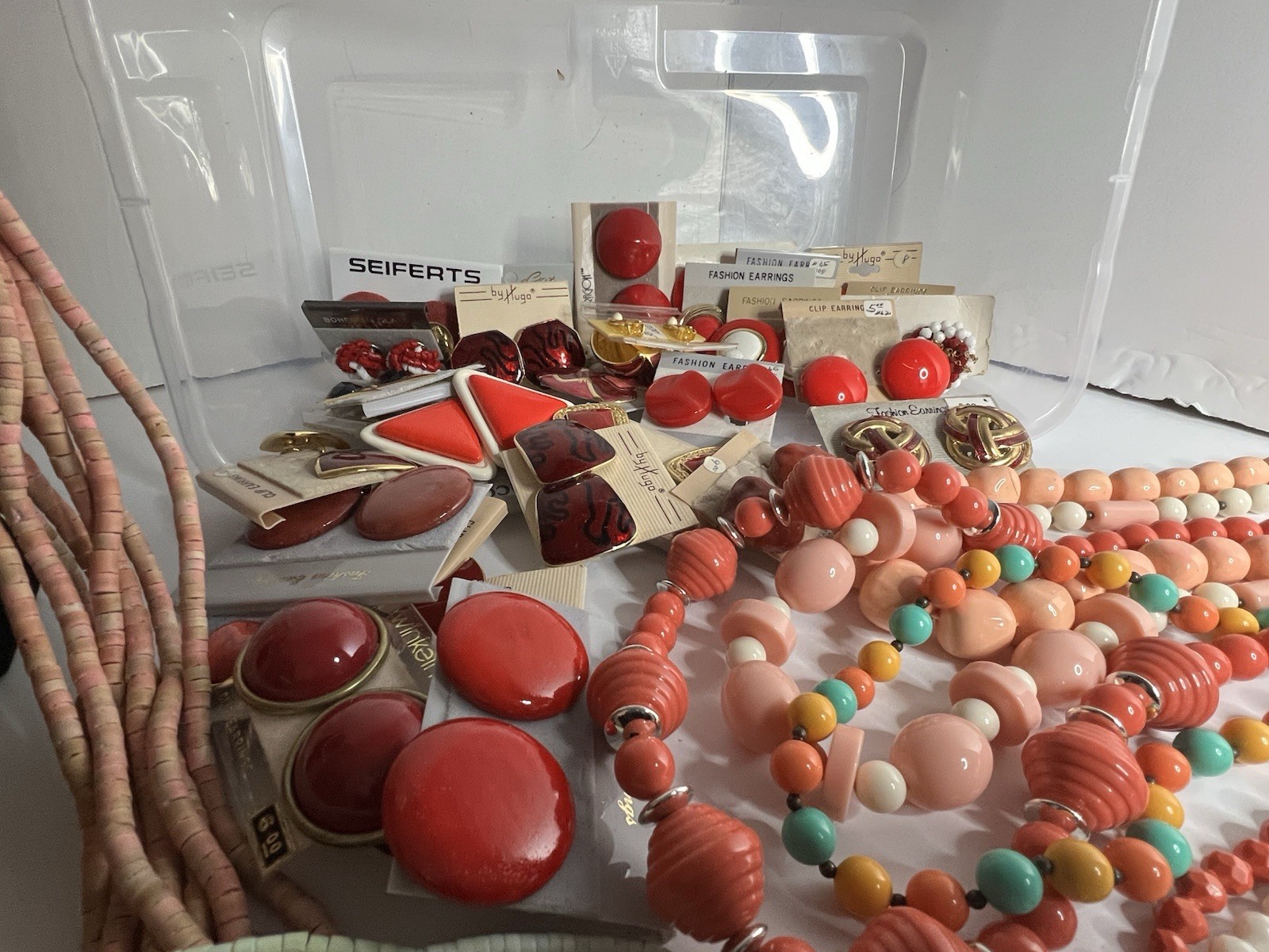 Vintage Lot Of 8 Necklaces And 30 Pairs Of Clip-On Earrings Reds Orange Peach