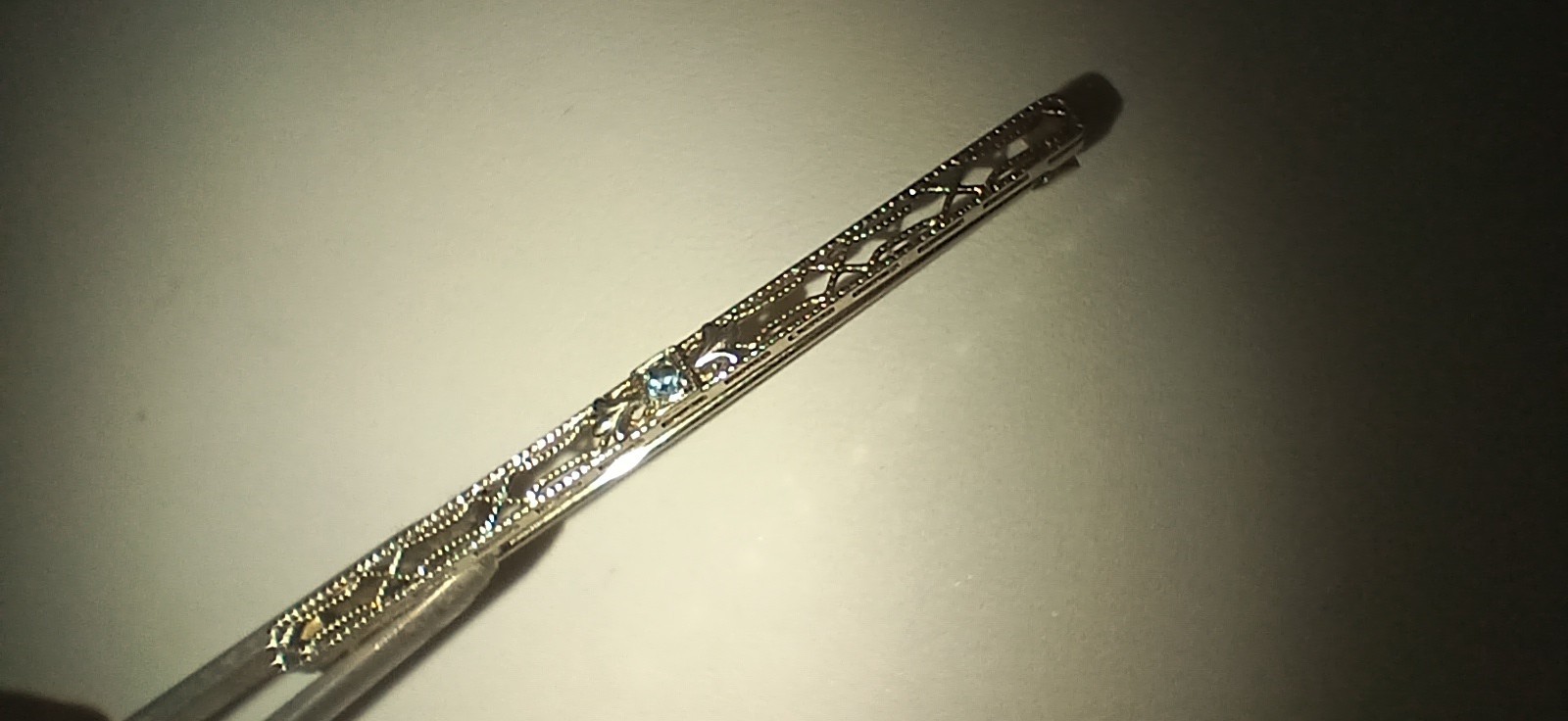 Antique 14kt White Gold and Small Sapphire Bar Pin with Safety Clasp