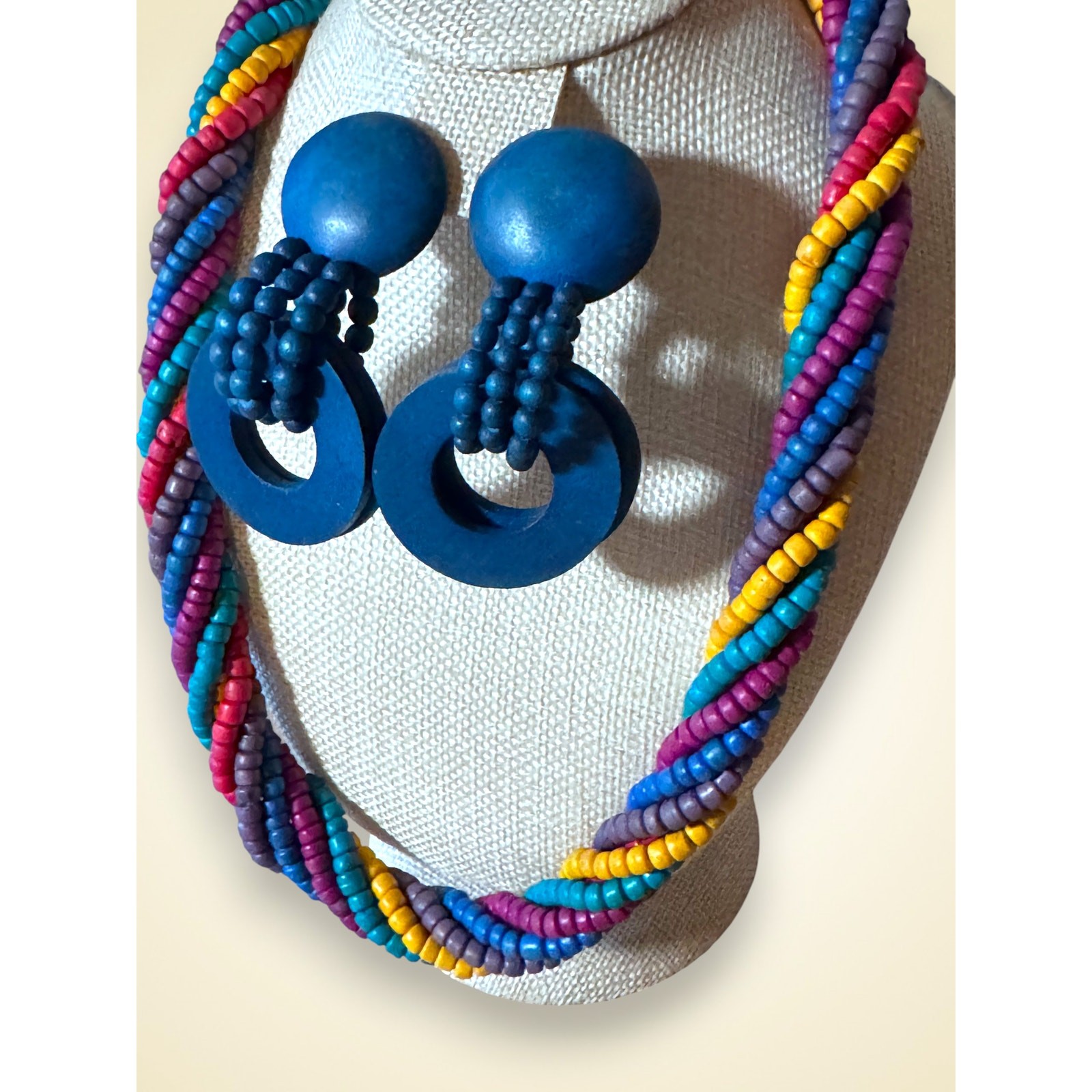 Vintage 1980s Multi Strand Twisted Wood Bead Necklace and Clip On Earring Set