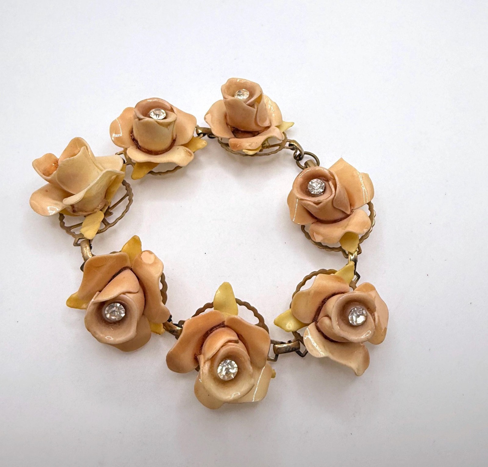 Vintage muted pink celluloid rose rhinestone bracelet