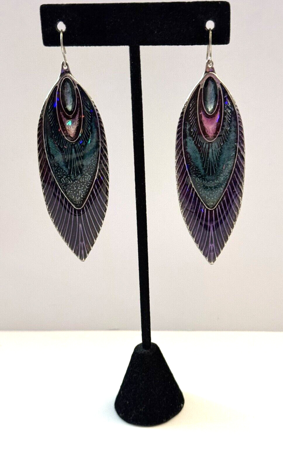 Peacock Design Green Purple Pink Enamel Feather Dangle Pierced Earrings Estate