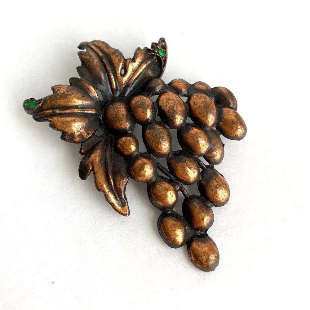 Vintage Grape Cluster Copper Brooch Green Stones