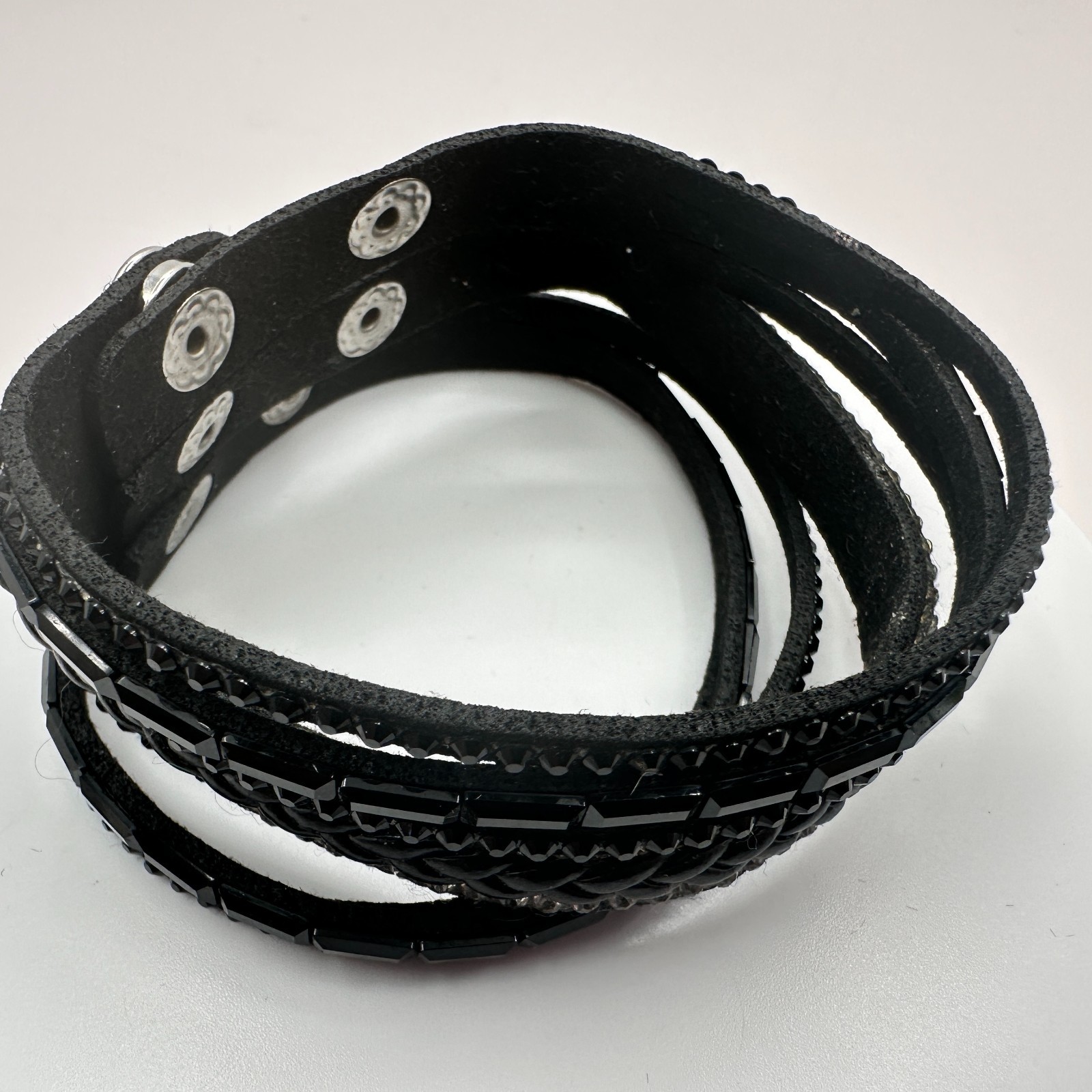 Vintage Y2K Black Leather Glass Rhinestone Wrap Bracelet Silver Tone Jewelry
