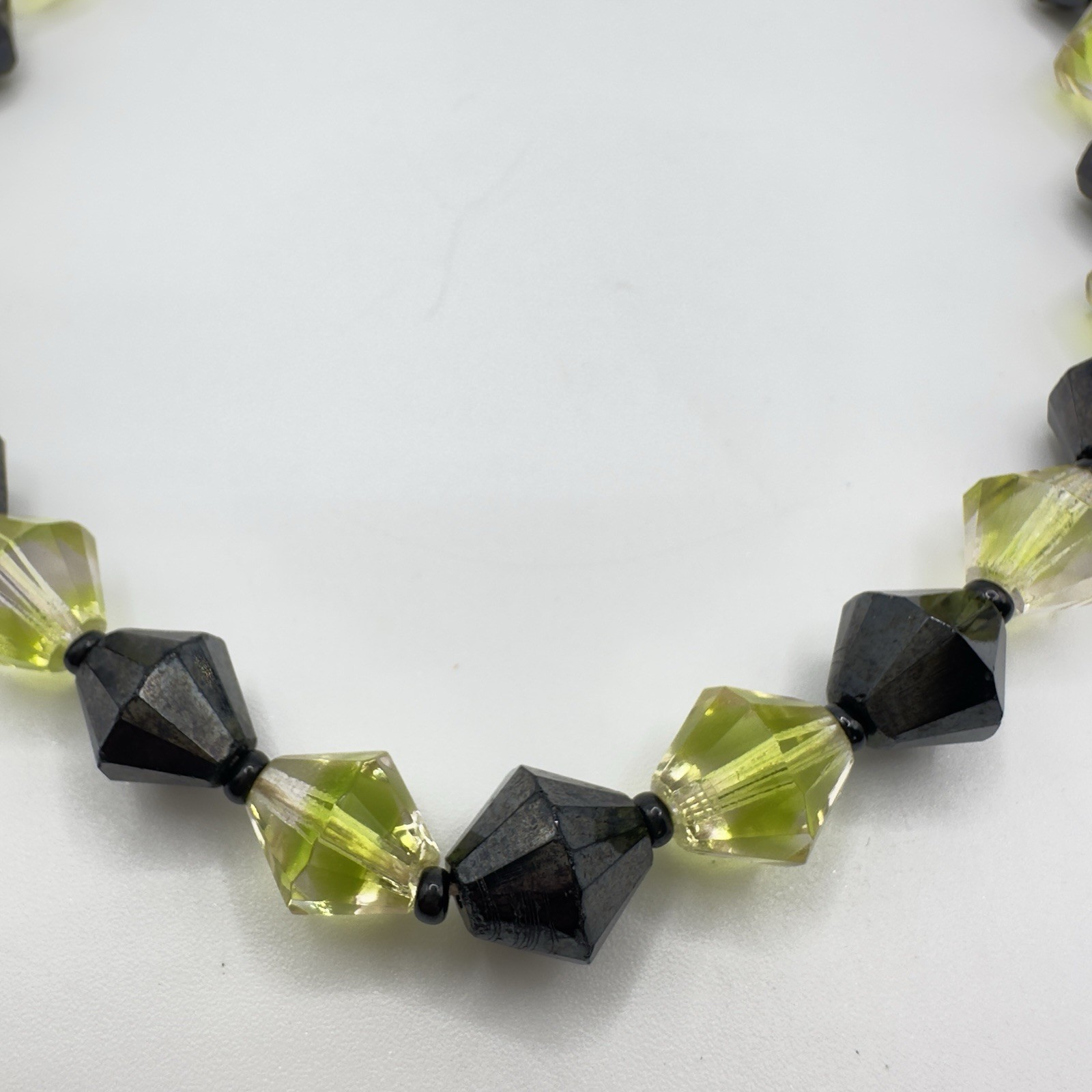 Vintage West Germany Necklace Black & Chartreuse Bicone Glass Bead Choker 15”