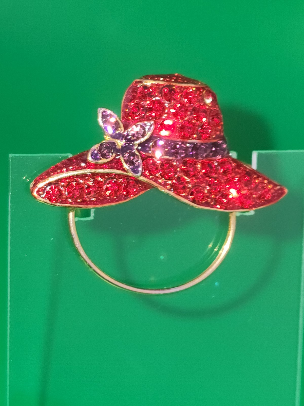 Red Hat Society Brooch Eyeglass Holder Lapel Vest Pin With Red & Purple Stones